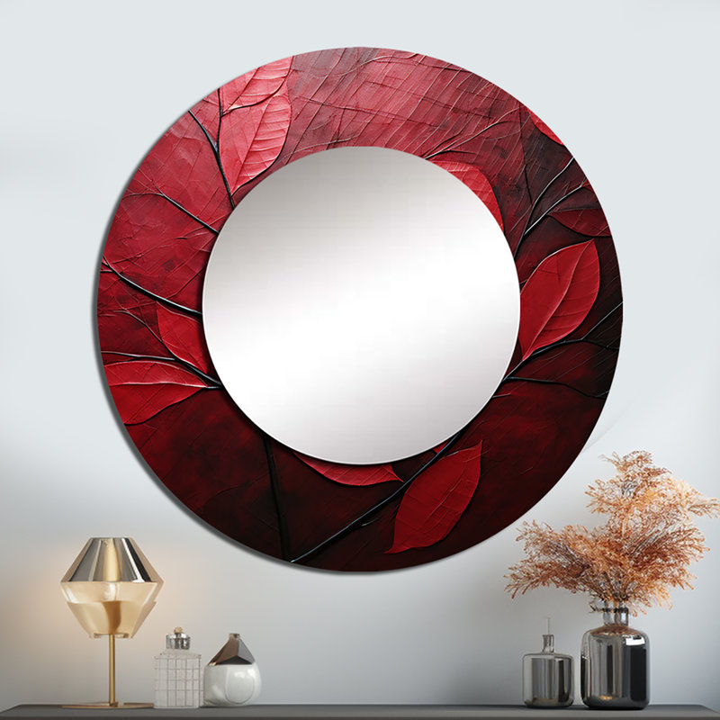 Shamkia cerisier feuillage feuilles I - grand miroir de feuilles, décor de miroir mural rond unique rouge, impression d'art en métal