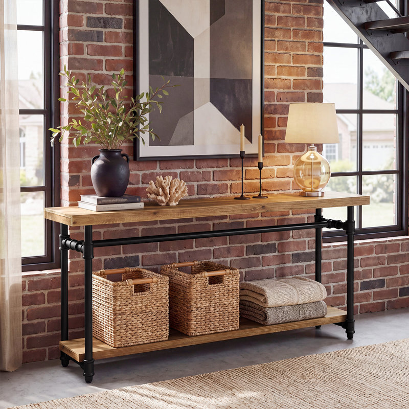 Console de 63 po en bois massif, table de vestibule avec rangement et structure en métal, table basse de salon Farmhouse
