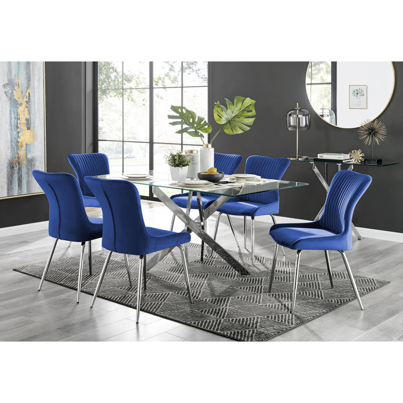 Lenworth Glass and Chrome Rectangular Dining Table Set with 6 Luxury Velvet Chairs