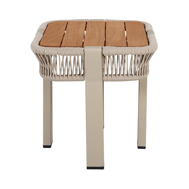 Table d'appoint en bois d'acacia, table de bout d'extérieur avec corde beige et structure en métal d'une capacité de 120 lb, table d'appoint carrée pour la cour, le balcon et le salon