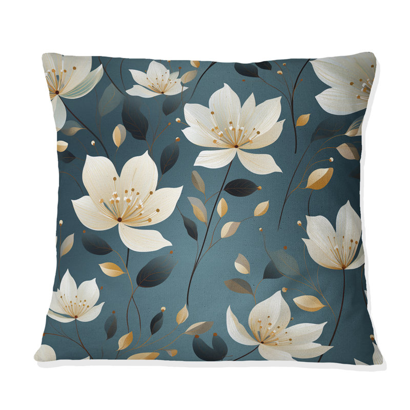 Motif floral élégant bleu sarcelle et ivoire - Coussin décoratif imprimé floral, H 18 po x l 18 po