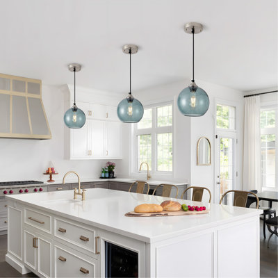 Light Green Glass Pendant Lights Kitchen Island Lighting Globe Pendant Light Fixtures Modern Pendant Lighting for Bedroom Living Dining Room Light Fixture (7.9 in, 2 Pack)