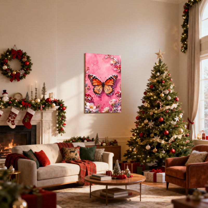 Papillon de Noël floral rose, aquarelle, ensemble de 3 reproductions d'art sur toile, H 30 po x l 20 po