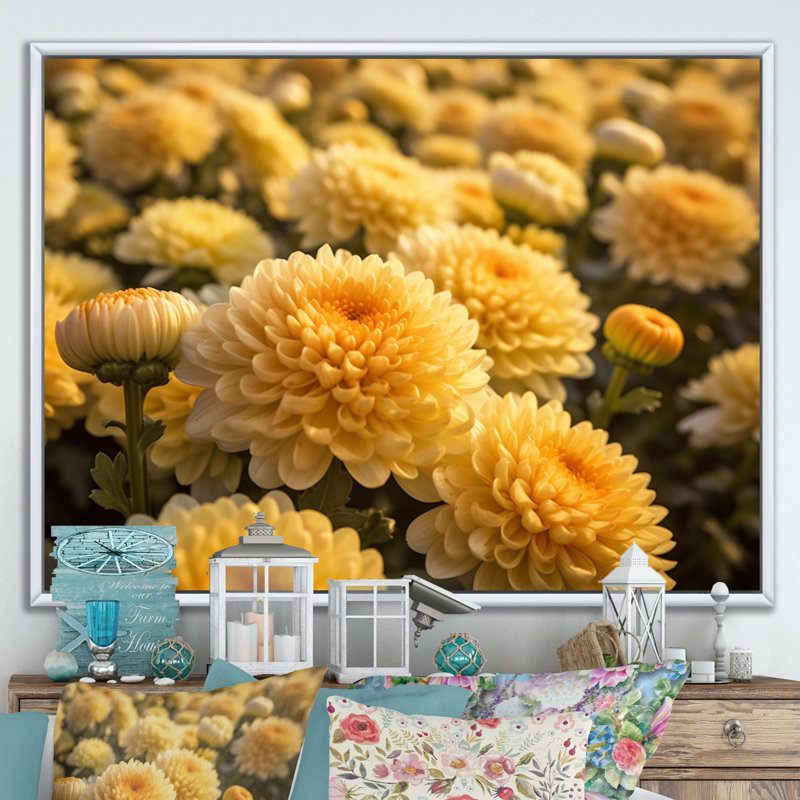 «Yellow Chrysanthemums Field» sur impression sur toile, H 30 po x l 40 po x P 1,5 po, Cadre flottant blanc