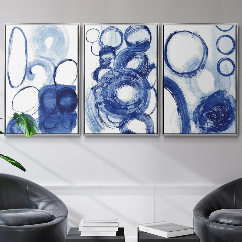 Blue Circle Study I, ensemble de 3 toiles encadrées, Argent, H 27 po x l 54 po