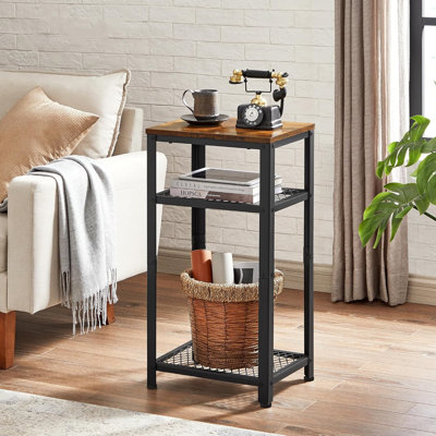Table d'appoint à 3 niveaux avec tablettes de rangement en filet, structure en acier robuste et plateau en panneau de particules pour le salon, la chambre à coucher, le bureau et la cuisine