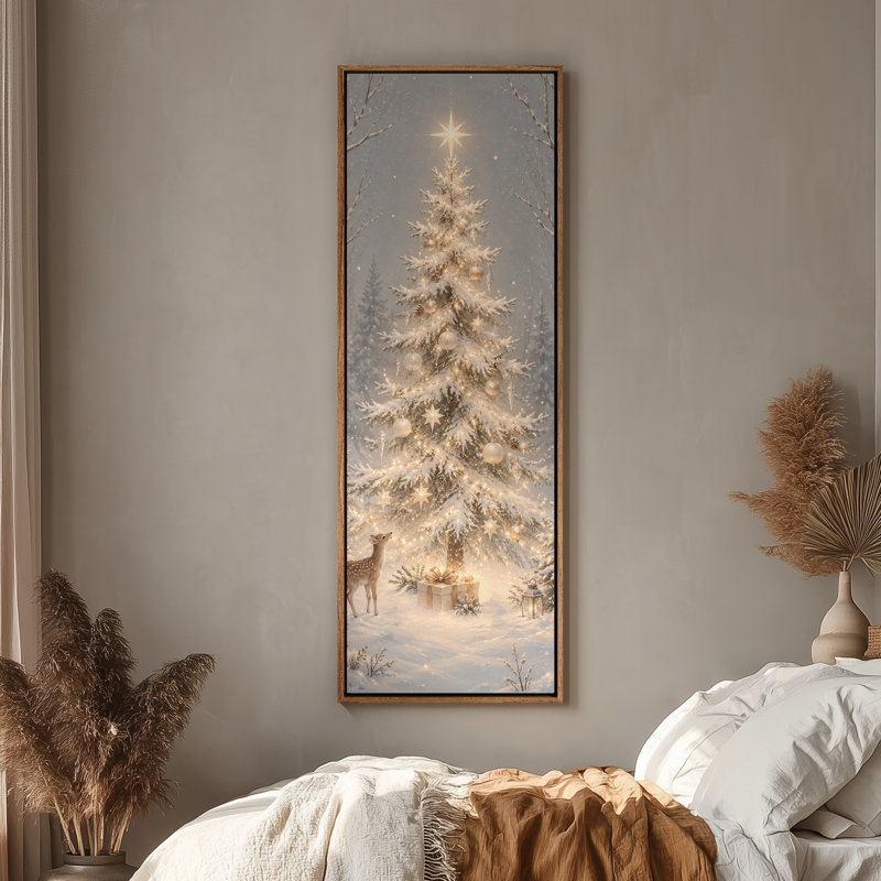 " Large Framed Canvas Wall Art - Glowing Christmas Tree Deer Winter Decor - 60"x20", 60"x30" ", 60" H x 20" W, Naturel