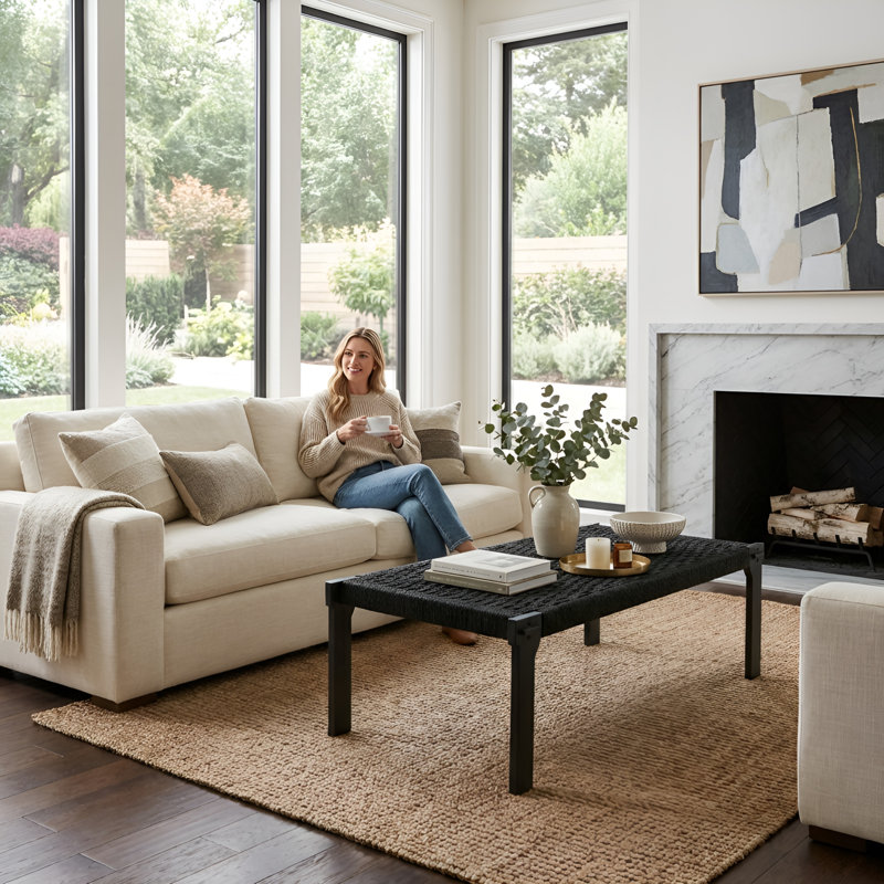 47" Sturdy Farmhouse Coffee Table with Woven Top, Extra Seating For Living Room，Corridor, Black Top/Black Base