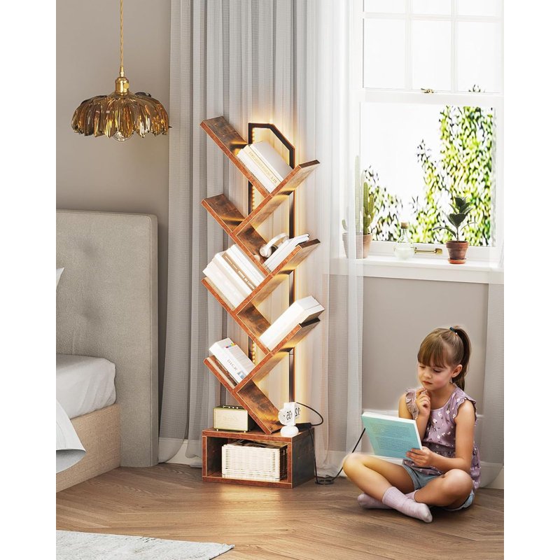6-Tier Narrow Bookcase With LED Lights, Tall Steel & Wood Storage Shelf With Cabinet For Small Spaces, Home Decor & Organizer For Living Room/Bedroom/Home Office
