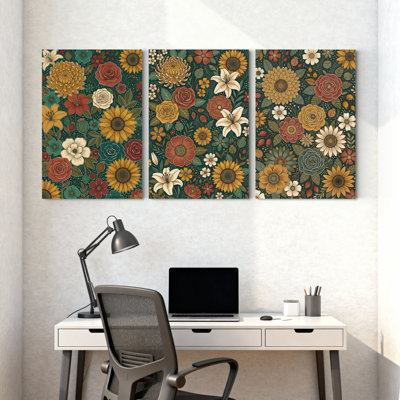 Plantes et fleurs, motif floral avec couleurs vives et fleurs variées, ensemble de 3 impressions sur toile
