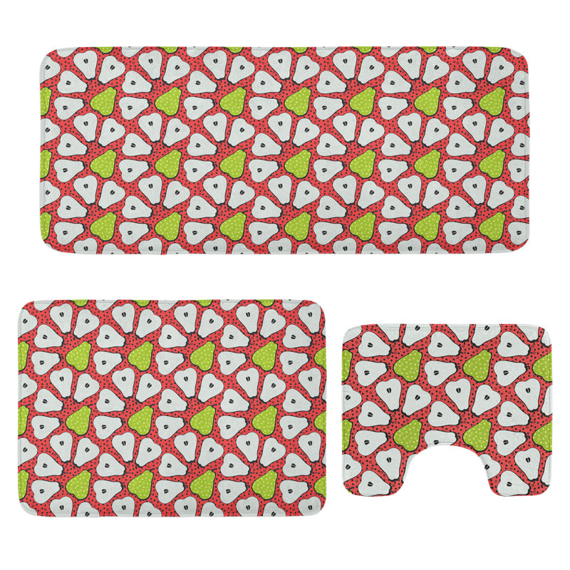  Fruit Bathroom Rug Set 3 Pieces U-Shape & Rectangle Mats Dark Coral Apple Green