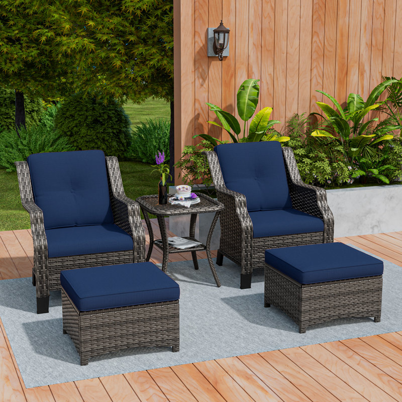 5 Pieces All-Weather Wicker Patio Conversation Set With Cushions, 2 Chairs, 2 Ottomans & Side Table, Blue