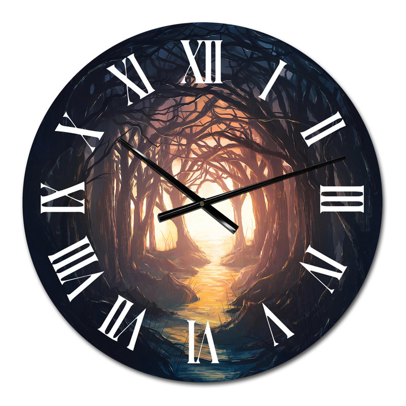 Une forêt sombre menant à une horloge murale colorée et lumineuse, Petit