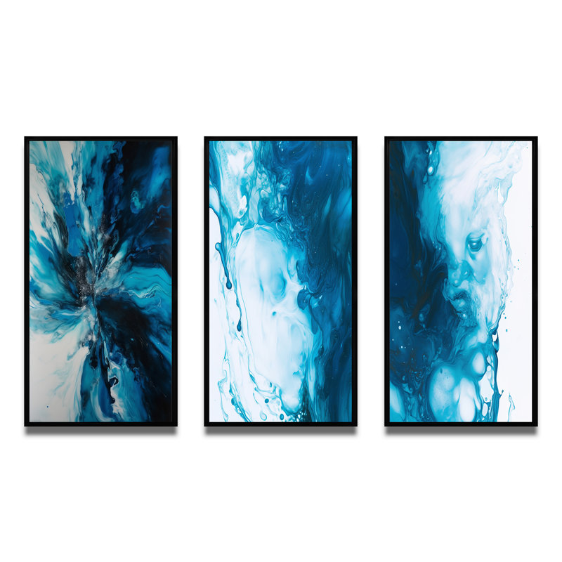 Ensemble de 3 marbres bleus et noirs, Cadre flottant noir, H 28 po x l 36 po