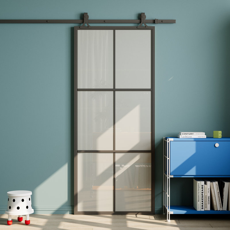 Porte de grange coulissante moderne en métal et verre dépoli à 6 carreaux, 91,4 cm x 213,4 cm, avec trousse de quincaillerie d'installation