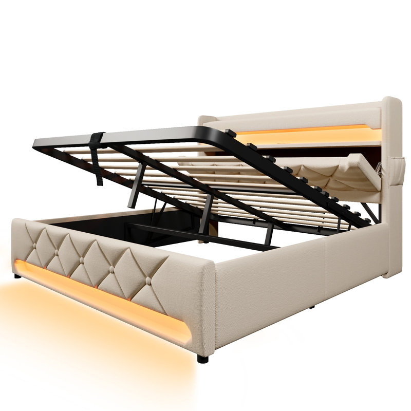 Upholstered Ottoman Storage Bed, Beige, Super King (6')