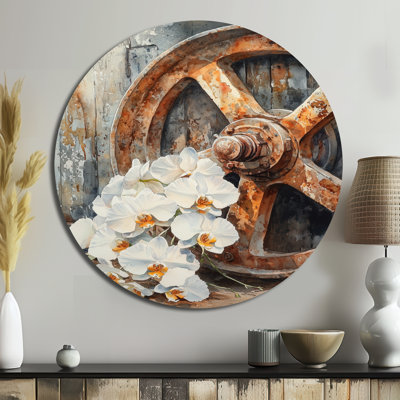 Orchidées par la roue du chariot II - orchidées rondes, impressions sur métal blanc traditionnel