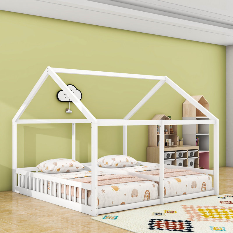 Lit plateforme simple et simple avec garde-corps et lattes, Blanc