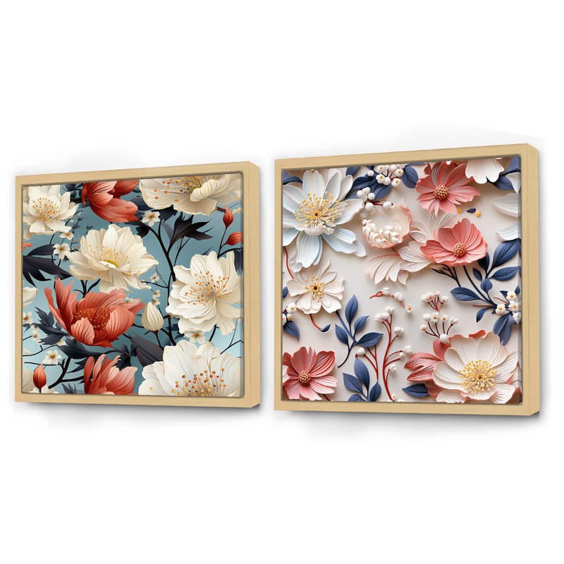 Glaude - Ensemble de 2 collages floraux carrés, H 16 po x l 33 po, Cadre flottant brun