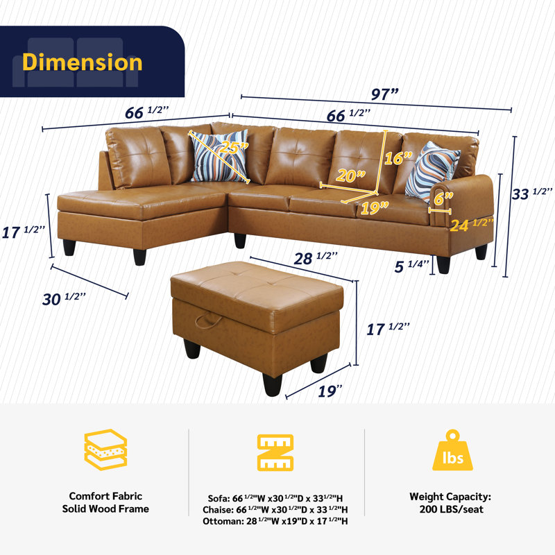 Addalyne Faux Leather L-Shaped Sectional, Ginger Faux Leather, Left Hand Facing