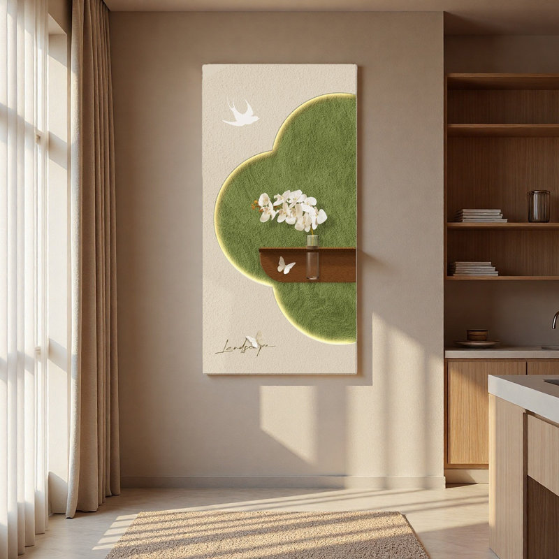 Art mural lumineux crème Mid-Century avec verdure hydroponique et texture grès, H 47,24 po x l 23,62 po x P 1,73 po