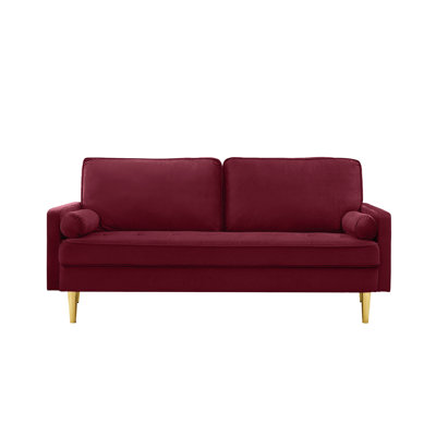 65-inch minimalist velvet sofa with metallic-coloured legs, complete with cushions, suitable for the living room or bedroom.