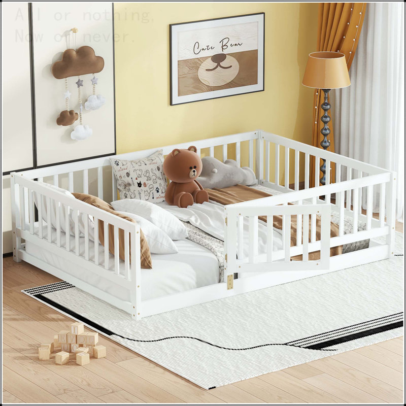 Lit double sur pied Montessori avec clôture, porte et lattes, Lit double, Blanc