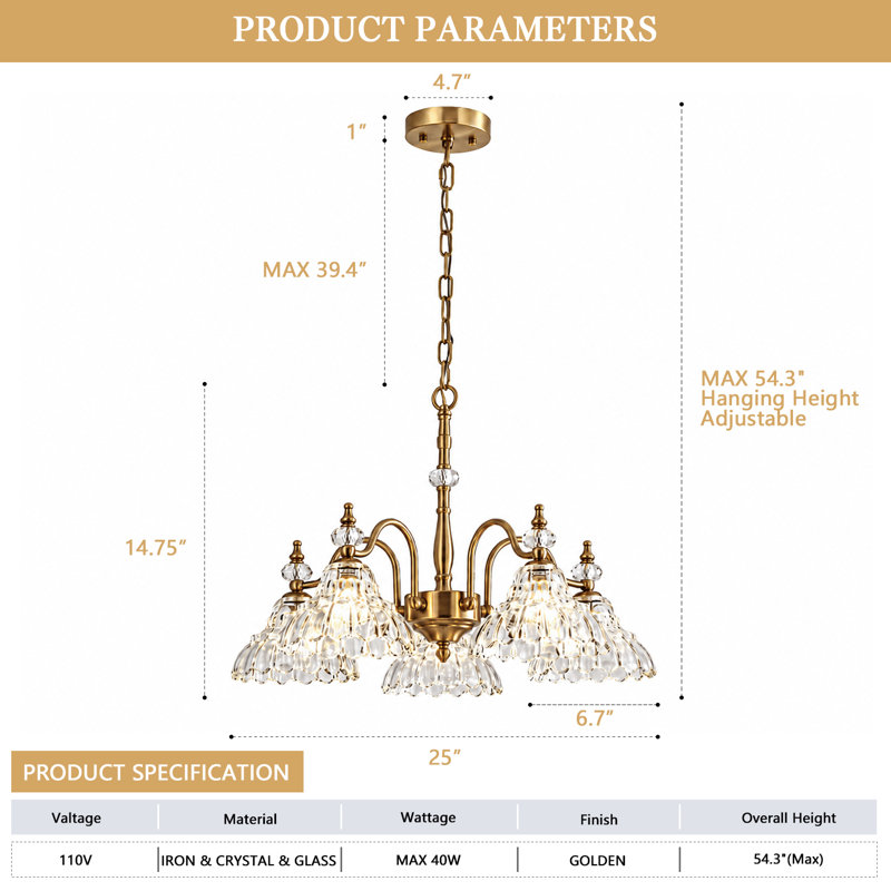 Lustre en verre 5 têtes