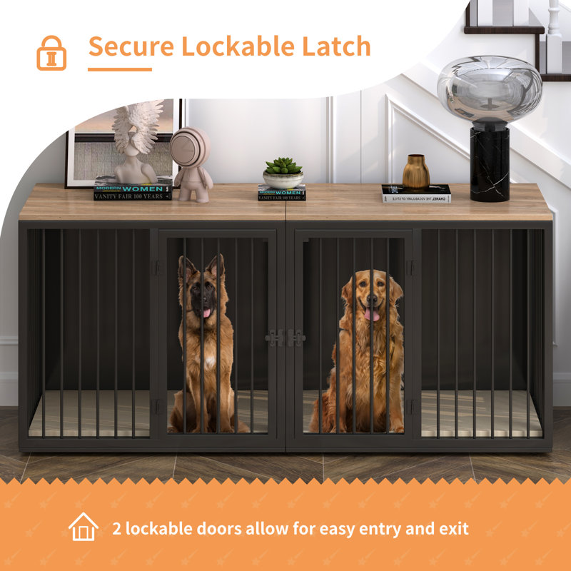 Large Black Steel Frame Double Dog Crate Furniture