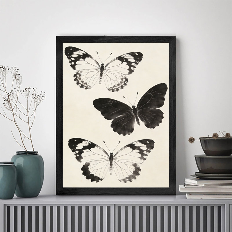 Art mural papillon noir, aquarelle encadrée de style rétro, H 37 po x l 25 po