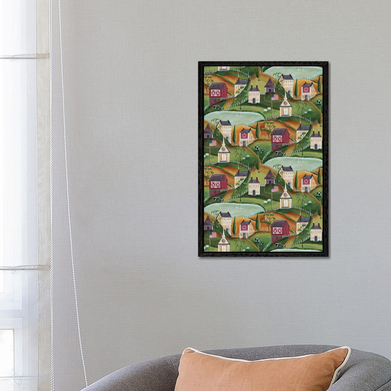 Primitive American Folk Art Village Of Yesteryear Bartley by Cheryl Bartley - Painting on Canvas, Black Framed