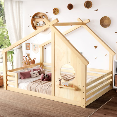 Lit double pleine grandeur avec fenêtre et tablette, aucune boîte à ressorts nécessaire, le bois massif s'adapte à tous les styles de chambre à coucher