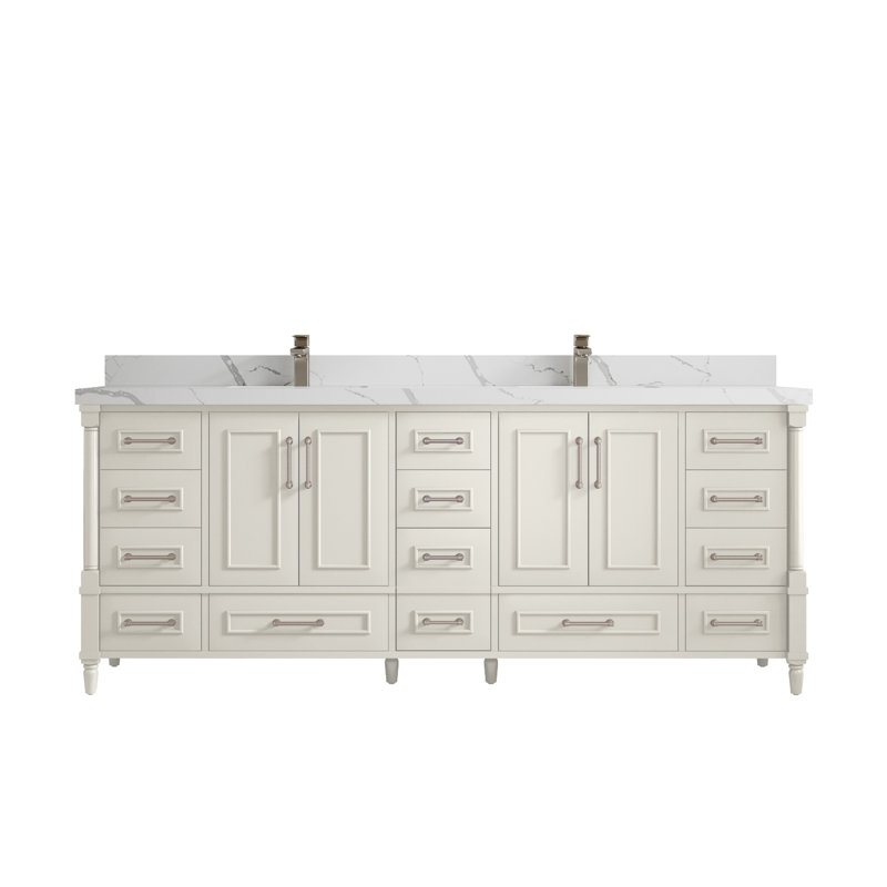 Aberdeen 84'' Double Bathroom Vanity with Quartz Top, Calacatta Laza, Alabaster