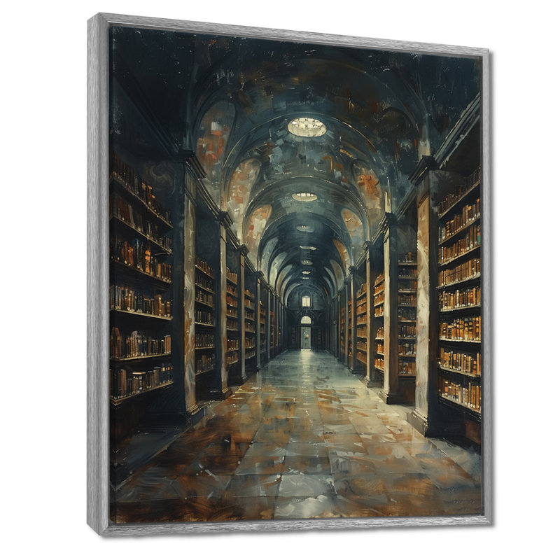Bibliothèque historique brune, reproduction d'art mural, H 30 po x l 40 po, Encadrement argenté