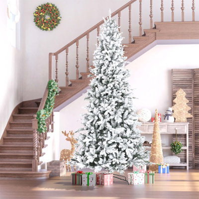 9 Foot Pine Snow Flocked Artificial Christmas Tree with 616 Realistic Cedar Branches, Auto Open, Home Holiday Decoration