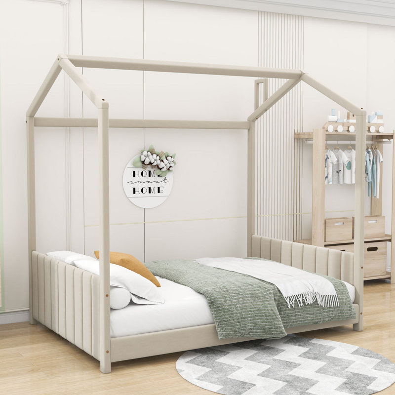 Lit plateforme à baldaquin capitonné Bussell, Double, Beige
