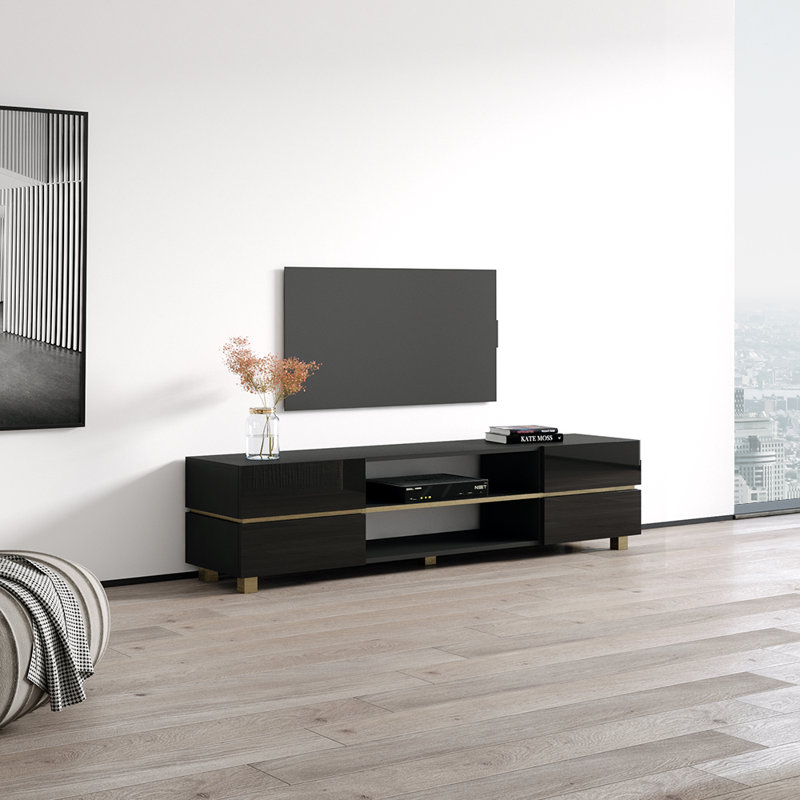 Gurkiran 70.9" Modern TV Stand with High Gloss Finish, Black