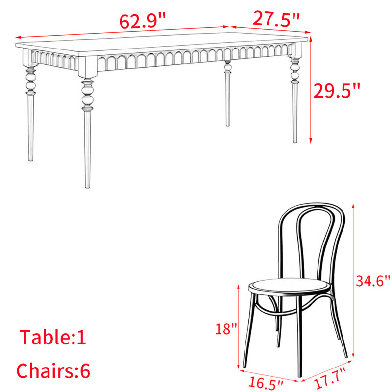 Ensemble de table à manger en bois massif de style français, 29.5"H x 62.9"L x 27.5"W
