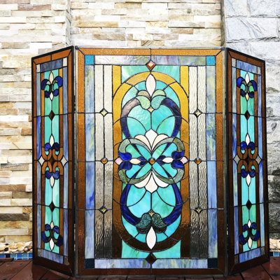 Tiffany Style 3 Piece Folding Stained Glass Fireplace Screen 40"W