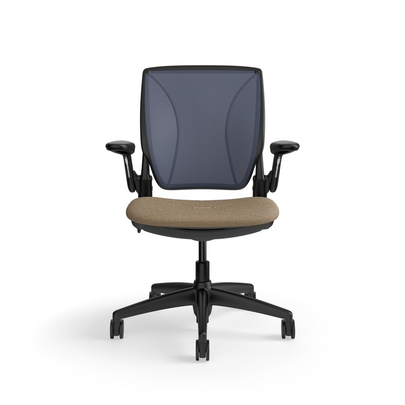 World LM, Ergonomic Task Chair with Poppy Seed Backrest, and  Autumn Upholstered Seat, Black, Beige Brown Fabric, Blue Mesh