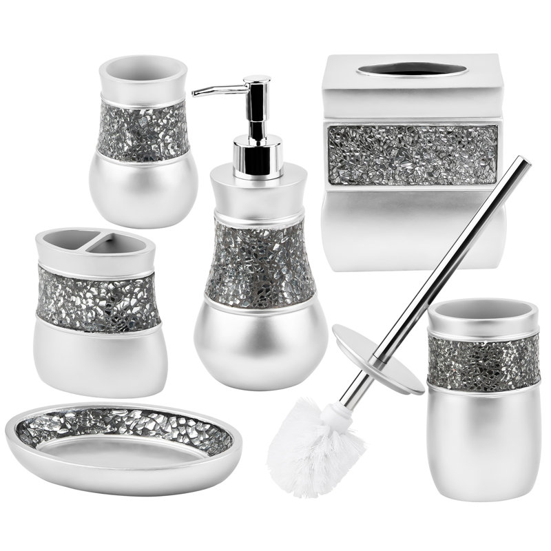 Brushed Nickel and Mosaic Glass 6-Piece Bathroom Accessory Set
