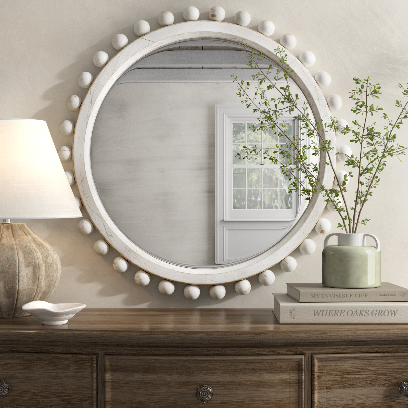 Augustine Wood Round Wall Mirror, White Washed Wood