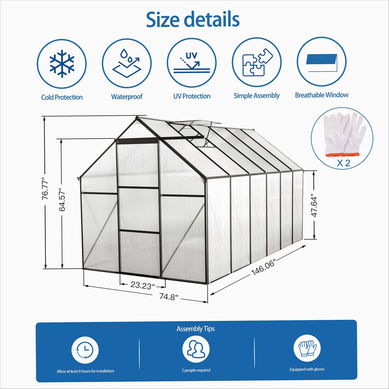 6X8 FT Polycarbonate Greenhouse Raised Base And Anchor Aluminum Heavy Duty  Greenhouses, 6.4' H x 6.2' W x 12.2' D, Black
