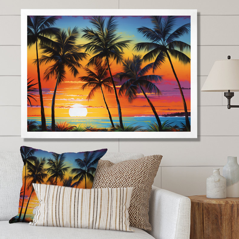«Colorful Bold Palm Trees Landscape IV - Palmiers et palmiers», art encadré, H 16 po x l 32 po x P 1 po, Cadre simple blanc