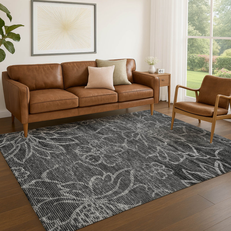 Tapis floral intérieur / extérieur lavable à la machine Chantille ACN2789, 3 pi x 5 pi, Noir