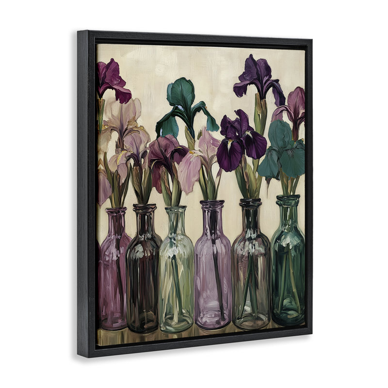 Iris dans des bouteilles aux tons de bijoux, Cadre flottant noir de jais, H 21 po x l 17 po