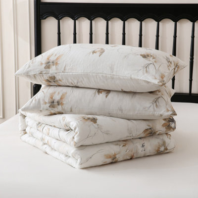 Linen Floral Comforter Set Queen Size 3 Pieces Natural French Flax Linen Bedding Soft Breathable Moisture Wicking Comfy