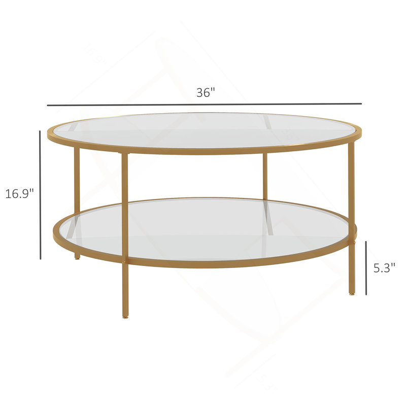 Side Table with Storage, Round End Table, 2-Tier Tempered Glass Coffee Table, 16.9" H x 36" L x 36" W, Gold