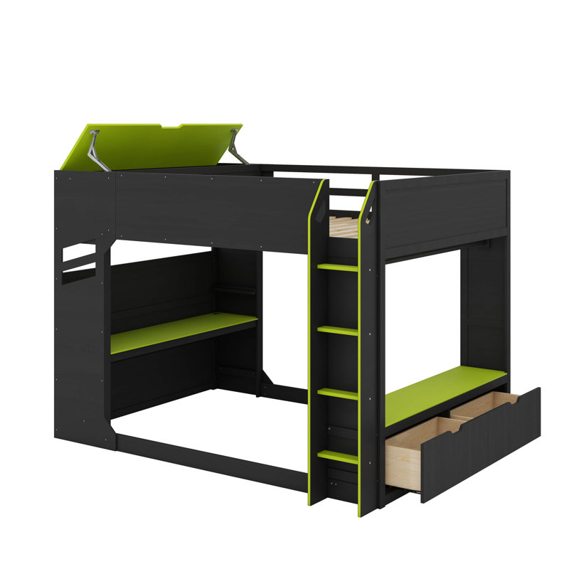 Full Size Wood Loft Bed With Desk,Drawers,Storage Compartments,Hanging Rod And RGB Lights, Green