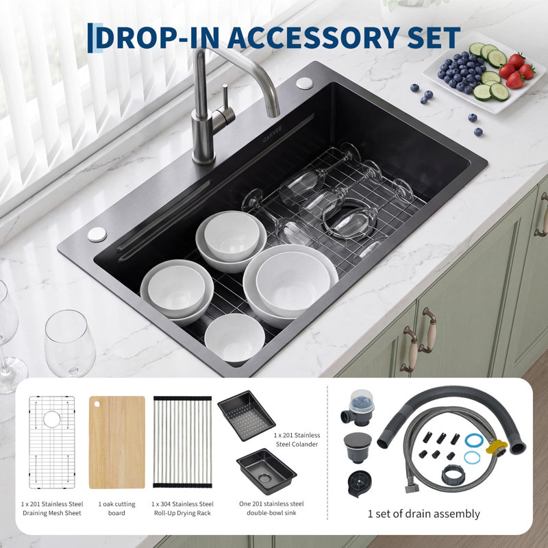 Évier de cuisine encastré de 81 cm (32 po) à cuve avec ensemble d'accessoires de 7 pièces, en acier inoxydable noir mat, grand bassin en forme de X, drainage rapide